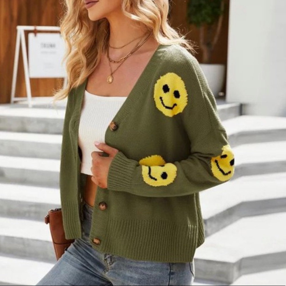 Green Smiley Face Cardigan - Picture 1 of 3